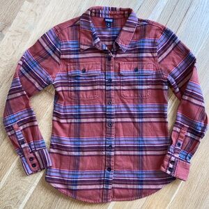 Patagonia Organic Cotton Flannel Plaid Button-Up Shirt Rust Orange Blue XS